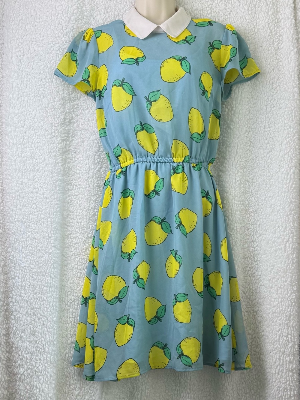 ModCloth Lemon Print Blue Dress w White Collar Women’s Sz Small Fully Lined EUC
